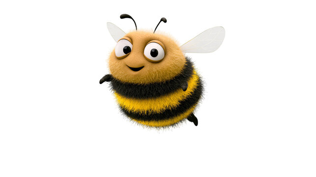 Fluffy cartoon bee with big eyes and black stripes