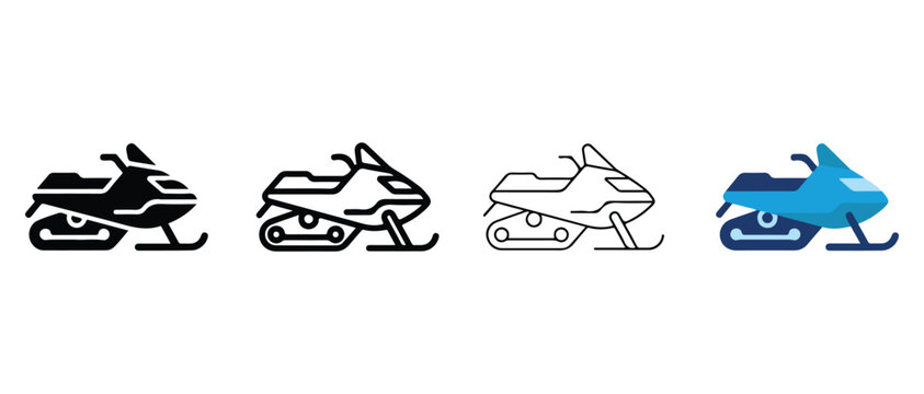 snowmobile icons in different artistic line styles and color variations for winter sports graphics