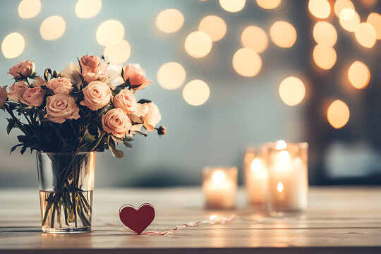 Romantic Valentine's Day corner with roses, candles, and heart decoration
