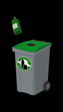 Glass bottle being dropped into a recycling trash bin symbolizing environmental sustainability and waste management. Chroma key green screen with alpha channel. (loopable)
