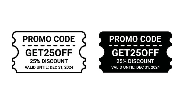 Discount Coupon: Two promotional coupons offering a 25% discount, one in black and white and the other in black and yellow, with details about the offer and validity date.