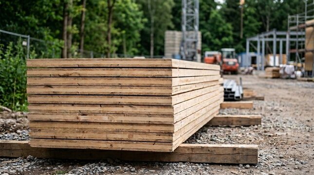 Stack of manufactured timber beams resting on dirt ground at an active building construction site with blurred heavy machinery background for real estate development concepts