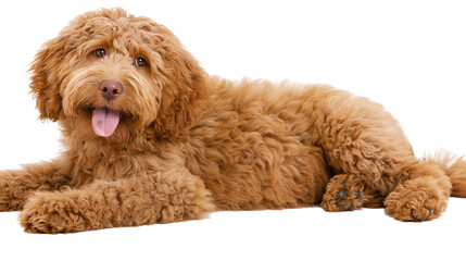 Fluffy golden doodle dog lying down with tongue out © Andrei