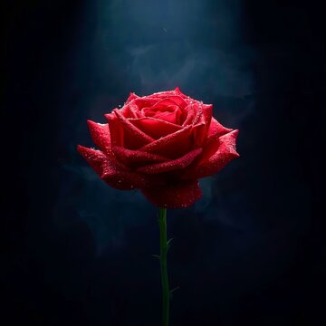 Single red rose glows under soft spotlight