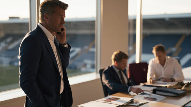Middle-aged sporting director makes a tense phone call as staff review scouting files and player photos, with boots and a contract folder suggesting an unresolved striker transfer.