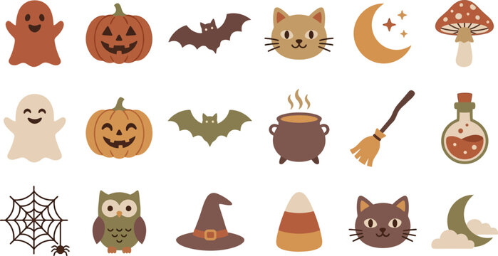 Set of cute pixel art halloween icons including pumpkins ghosts bats and witch accessories Vector