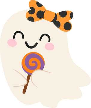 Cute Halloween Ghost Holding Lollipop Flat Vector Illustration, Sweet Spooky Cartoon Character