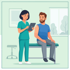 Obraz premium Nurse administering vaccine to patient in modern clinic, vector illustration