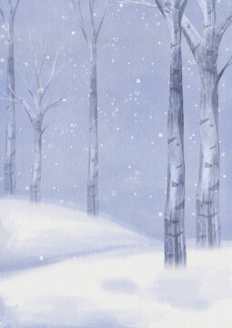 Snowy Christmas greeting card with minimalist winter Scandinavian forest without leaves. Watercolor winter background illustration featuring simple light blue sky filled with falling white snowflakes.