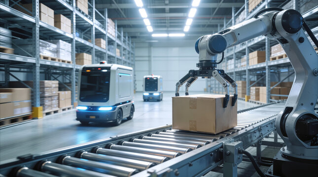 Automated warehouse system featuring robotic arm and mobile transport robots. Smart logistics facility with autonomous machinery handling cardboard boxes on conveyor belt.