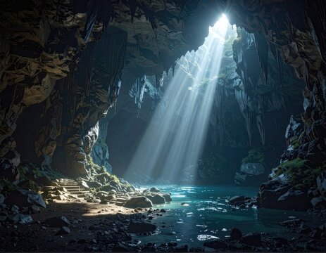 Sunbeams illuminate a dark cavern with a pool of water and rocky steps