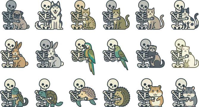 Set of cute skeleton characters hugging various pets like dogs cats rabbits and hamsters Vector