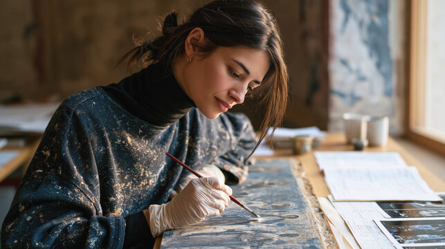 Conservator in protective gloves examines hidden underdrawing on an oil-panel altarpiece with a fine brush amid restoration forms and X-ray prints in a religious art laboratory.