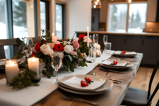 Romantic Valentine's Day dinner table setting with roses and candles
