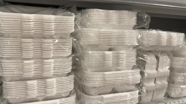 wide selection of plastic containers in different sizes shapes is arranged in a large retail store, offering practical storage and packaging solutions for kitchens, homes and everyday organization.