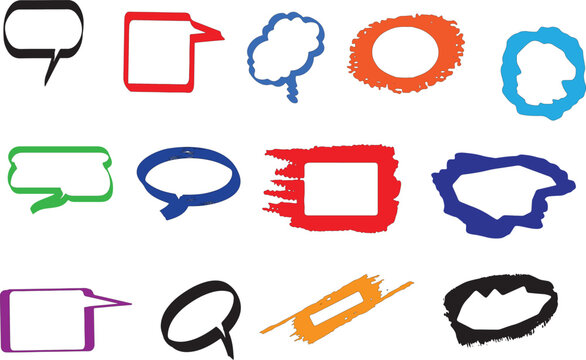 Collection of colorful hand drawn speech bubbles and thought clouds isolated on white