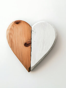 Rustic wooden heart carving split between natural wood and white paint texture