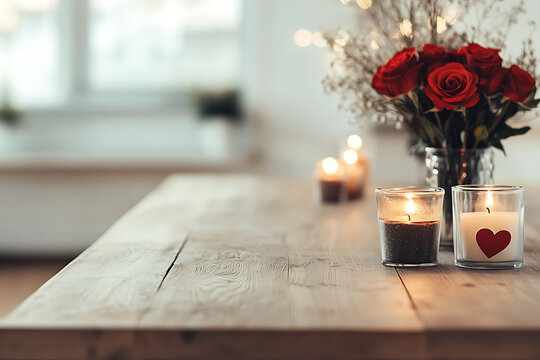 Romantic Valentine's Day table setting with red roses and glowing candles