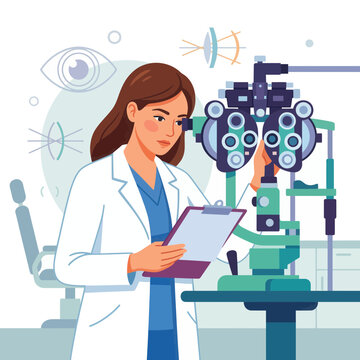 Ophthalmologist examining patient with a phoropter in a modern clinic, vector illustration with eye diagrams.