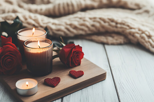 Romantic Valentine's Day decor with red roses and glowing candles