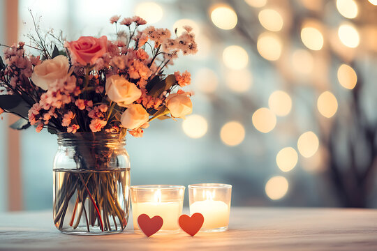 Romantic Valentine's Day corner with roses, candles, and soft bokeh lights