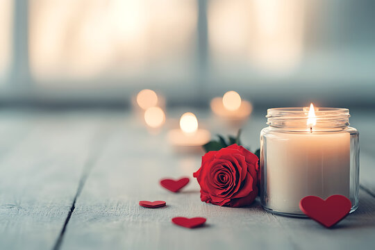 Charming Valentine's home decor with red rose and candles for a romantic atmosphere