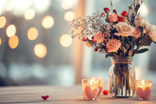Warm candlelit Valentine corner with soft light and romantic floral arrangement