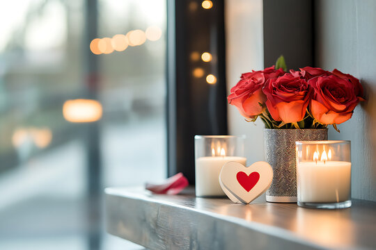 Elegant Valentine's day home decor featuring red roses and candles