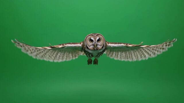 Barn owl in flight against green screen with wings spread wide showcasing majestic aerial movement
