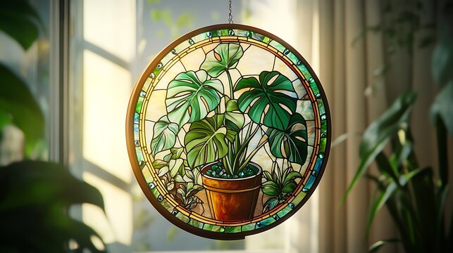 Stained glass monstera plant hanging in window botanical home decor