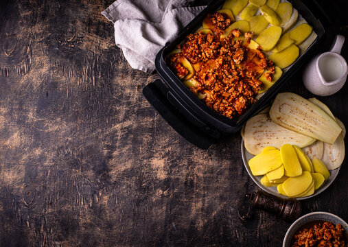 Moussaka with meat, eggplabt and potato