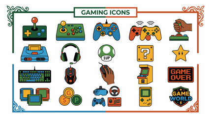 Gaming icons set, video games controllers, console, and arcade machine flat vector. © MST. RATNA AKTER