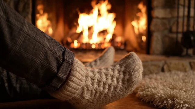 Cozy feet in knitted socks resting near a warm fireplace, flames dancing in the background, with a soft rug on the wooden floor creating a comforting atmosphere