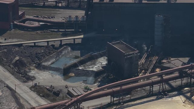 Steel mill aerial view with water quenching coke