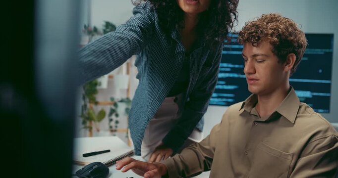 Diverse team software developer discuss AI coding and project strategy at office. Creative startup group brainstorming, Mentor code review training, Digital communication innovation strategy concept.
