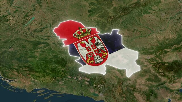Serbia 3D Satellite Map with National Flag and Border Highlight