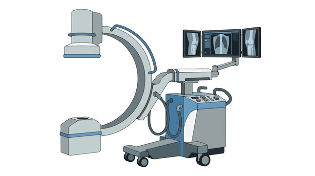 Medical C-arm X-ray machine vector, mobile fluoroscopy system with monitors, hospital diagnostic imaging equipment for surgery and radiology