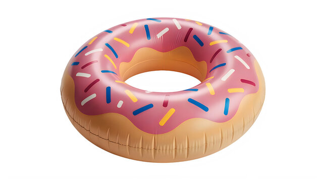 Inflatable donut pool float. Pink swimming ring with sprinkles isolated on transparent background background.