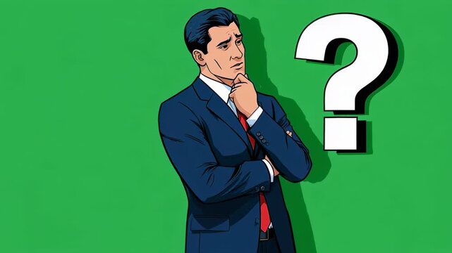 Businessman contemplating options with question marks against a green background in a cinematic style