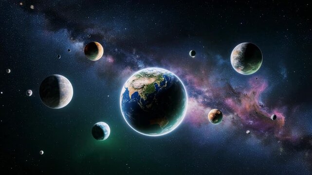 Celestial bodies orbiting planet in cosmic nebula with stardust and galaxies during deep space exploration