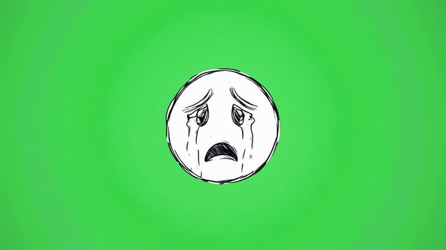 Sad face emoji animated sequence on green screen background with smooth camera zoom out