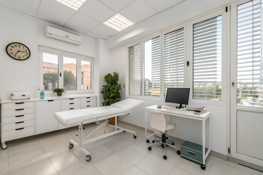 Modern bright empty medical examination room with white desk office chair computer screen large windows and a treatment table in a professional clinic