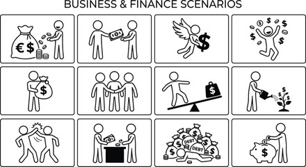 Naklejka premium Business and finance scenarios stick figure icons set depicting investment savings partnership debt and profit concepts vectors