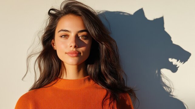 A woman with long, dark hair, wearing an orange sweater, stands against a wall with a shadow of a wolf projected behind her