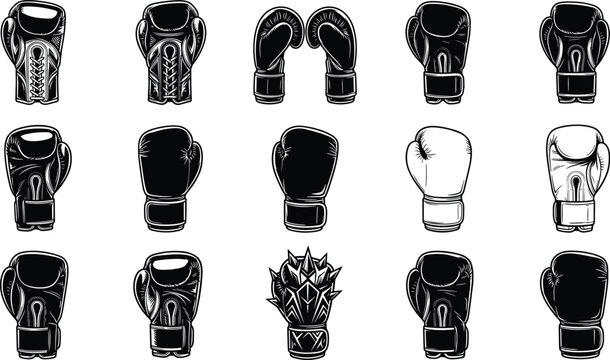 Boxing gloves vector collection featuring different fighting equipment styles laces straps and spiked variations black silhouette icons