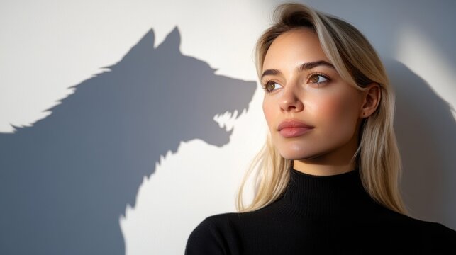 A young woman with blond hair casting a shadow of a fierce wolf behind her. The scene evokes a sense of inner strength and hidden power