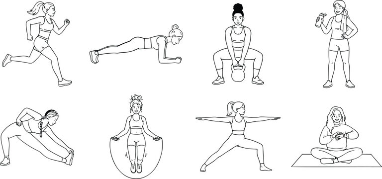 Women fitness set exercise running plank kettlebell jump rope yoga workout line art vector illustration collection.