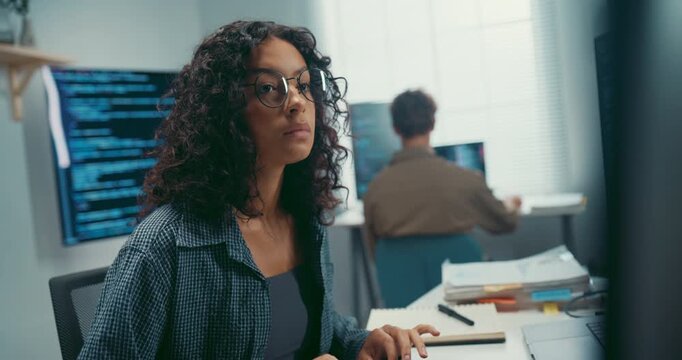 Group Adult male, female freelance typing write prompt AI bot IT app smart program nomad, video game, terminal with coding language, user interface, designer, big data center on desktop computer.
