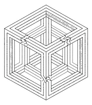 Impossible cube optical illusion vector, geometric paradox line art, black and white escher style isometric block, surreal mathematical shape