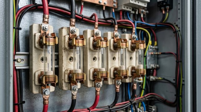 There are several large fuse holders and copper bus bars inside an electrical panel.